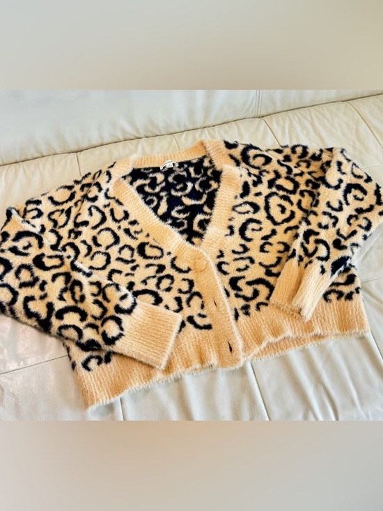 For Love And Lemons Sweaters - VS for Love & Lemons Beige/Black Fuzzy Leopard Cardigan